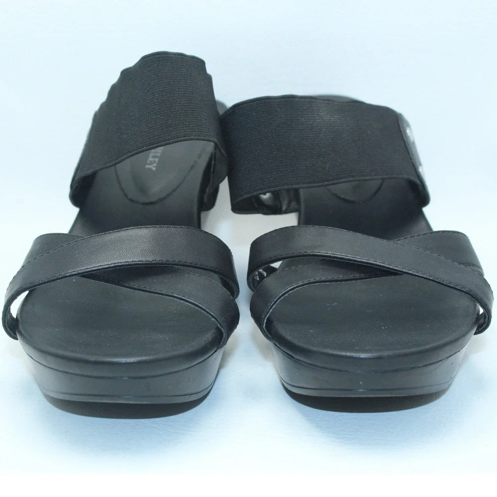 Laura Ashley Black Cutout Wedge Platform Sandals LA-ALBANS2 Silver Trim Mens 11M